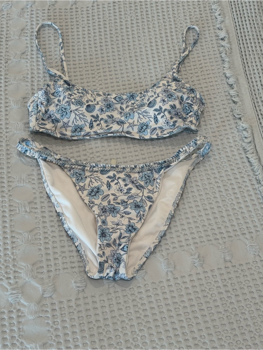 GB Blue Vintage Garden Scoop Bralette  with Low Rise Ruffle Bottom